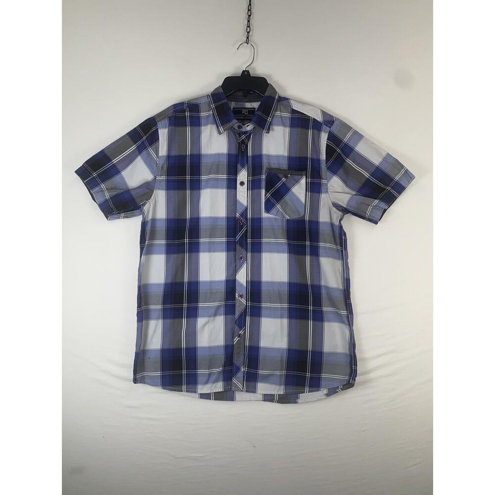 AO Shirt Mens XL Blue Plaid Short Sleeve Button Up Pocket Cotton Blend Casual